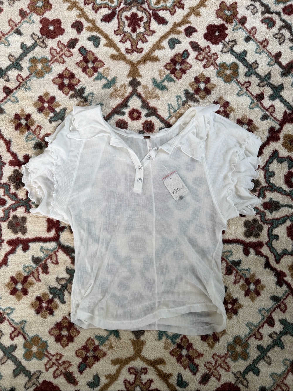 Free People Ivory Ruffle Sleeve Henley Blouse